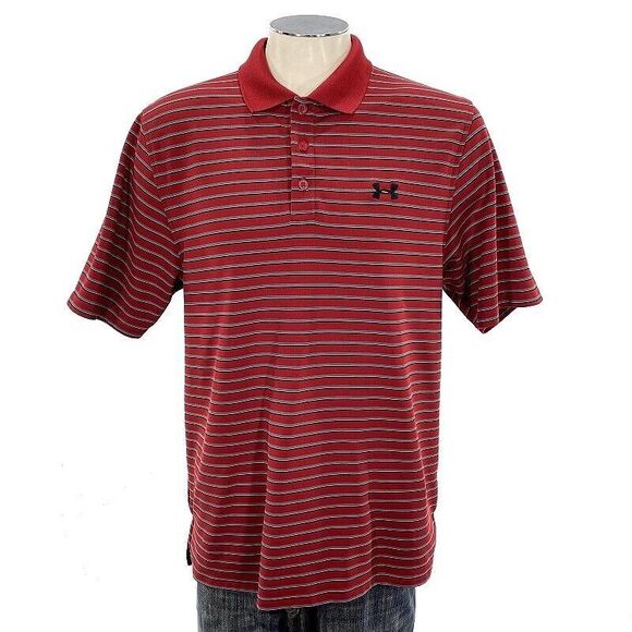 Under Armour Polo Shirt L Loose‎ Red Stripe Heatgear Short Sleeve Golf Mens - Picture 1 of 5